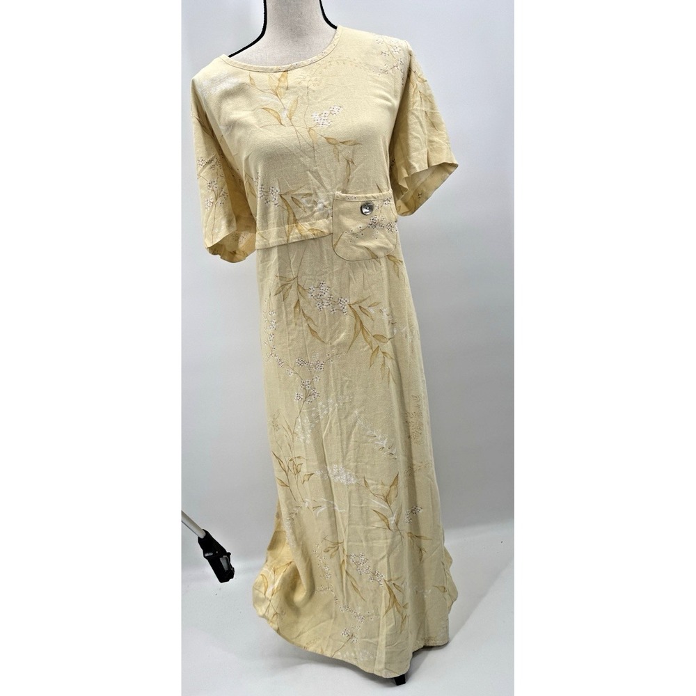 VTG 90s Real Cottagecore Yellow Floral Linen Maxi Dress 16 W Country Lagenlook - Picture 2 of 12